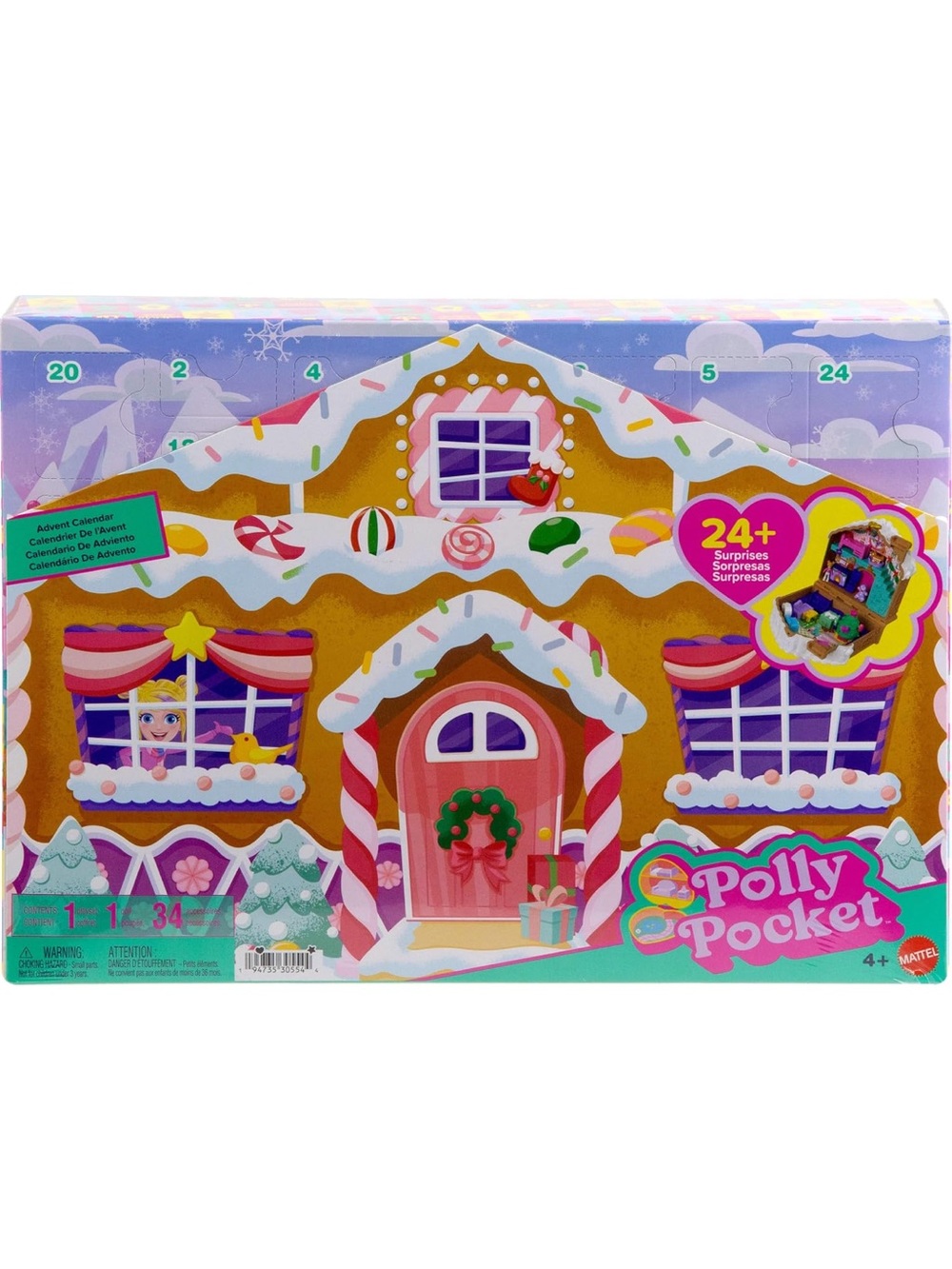 💗NWT POLLY POCKET DOLL ADVENT CALENDAR/DIY GINGERBREAD PLAYHOUSE W/ 24+ SURPRISE
